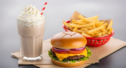 A burger with cheese, lettuce, tomato, and onion, served with a milkshake and fries in a red basket on a white tablecloth.