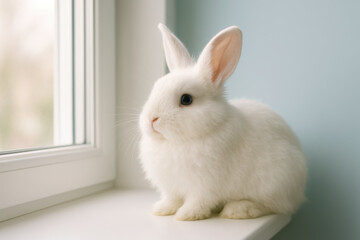 Obraz premium Adorable white bunny sitting on windowsill with soft fur, cute rabbit gazing outside in natural daylight indoors