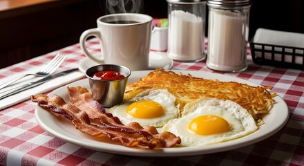 A breakfast meal consisting of eggs, hash browns, bacon, and ketchup on a white plate with a red and white checkered tablecloth.