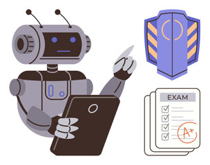 Robot using tablet to evaluate test scores, shield symbolizing security, exam papers with A grading. Ideal for education, automation, AI ethics, data privacy, online exams, secure systems futuristic