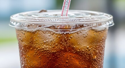 A plastic cup filled with cola soda, ice, and a straw, placed on a white surface with a blurred background.