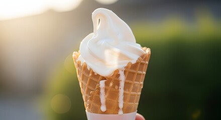 A hand holding a waffle cone with a swirl of white ice cream against a blurred green background.
