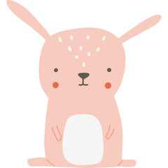 Cute Pink Cartoon Rabbit Character With Big Ears And White Belly Sitting On Transparent Background And Looking Forward