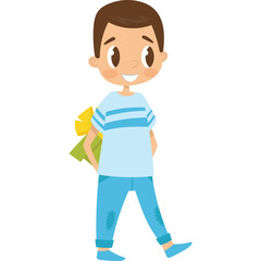 Smiling Young Boy Wearing Light Blue Striped T Shirt and Blue Jeans Holding Yellow Flowers Behind His Back on a Transparent Background