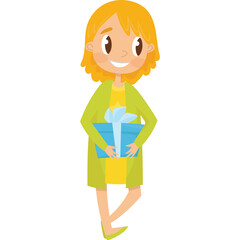 Smiling young girl with short blonde hair wearing a yellow dress and green cardigan holding a blue gift box with a white ribbon illustration