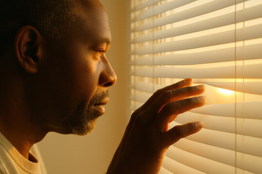 Thoughtful man peering through window blinds at sunset, contemplating indoors in warm golden light during peaceful evening