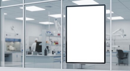 Blank advertising poster on a glass wall with a blurred laboratory interior visible behind it.