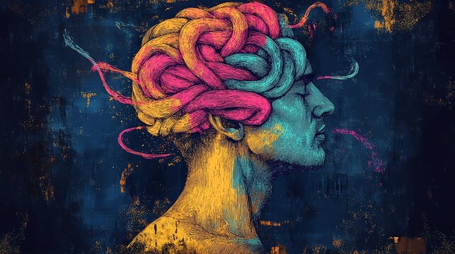 Ultradetailed illustration of a pastel yellow man s head with a vibrant multicolored brain featuring a tangled knot transforming into order