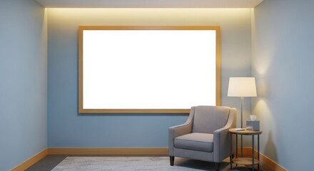 A modern living room interior featuring a blank white canvas above a grey armchair, illuminated by a lamp on a small table.