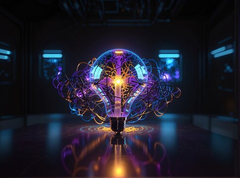 A futuristic, glowing light bulb surrounded by swirling neon energy lines, set in a dark, high-tech lab with blue-lit panels and reflective flooring symbolizing innovation and cutting-edge technology