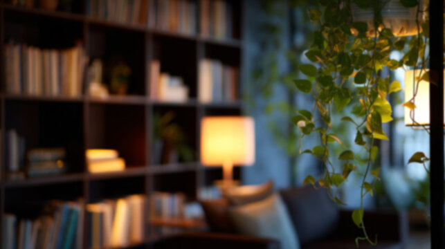 Blurred view of a modern home library with dark wooden bookshelves filled with books and green plants.