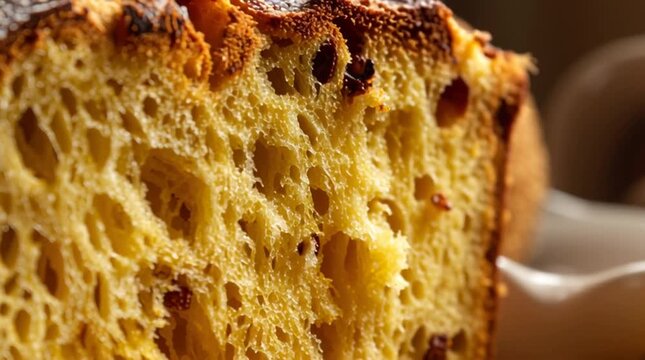 Close up view of a sliced panettone showing its airy texture and candied fruit pieces on a plate