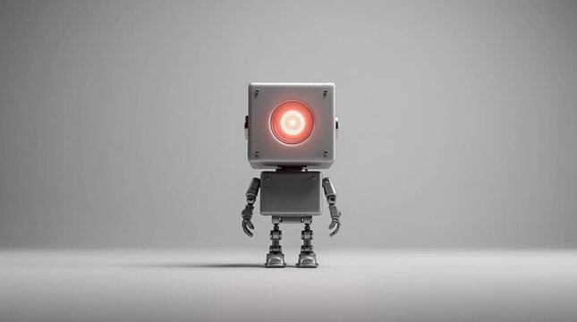 A small silver robot with a square head and a red light standing on a gray surface in a studio shot