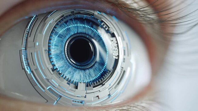 A close up of a blue eye with futuristic technology around it in a detailed macro shot view image