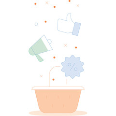 Teamwork concept illustration with megaphone and starburst icons dropping into a basket against a transparent white background symbolizing collaboration and marketing strategy