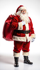 Joyful Santa Claus with gift bag, classic red suit and white beard, festive Christmas portrait full of holiday warmth and cheerful spirit