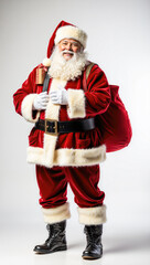 Joyful Santa Claus with gift bag, classic red suit and white beard, festive Christmas portrait full of holiday warmth and cheerful spirit