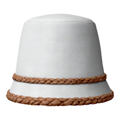 Stylish white linen hat with brown rope detail for fashionable look. An elegant summer headwear accessory for sun