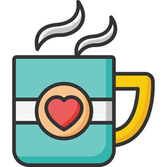 Teal Coffee Cup With Heart Emblem Steam Rising From Top In Flat Line Color Style On Transparent Background