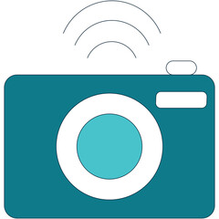 Teal camera icon with white lens and signal waves above on a transparent background symbolizing digital photography and connectivity