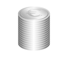 A stack of silver coins with Euro currency symbol embossed on the surfaces, arranged in regular manner. Money concept, isolated on transparent.