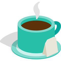 Teal Cup Of Hot Coffee With Steam Rising And Tea Bag On Saucer Isometric View Isolated On White Background With Shadow