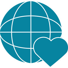 Teal globe icon with white grid lines overlayed by a solid teal heart shape on a transparent background representing global love and connection