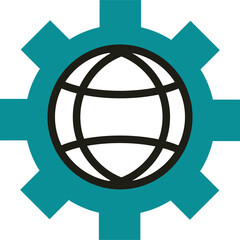 Teal Gear Enclosing A Black Globe Symbol With Transparent Background Representing Global Technology And Engineering Concepts