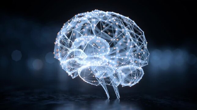 Digital brain model with glowing nodes and wireframe structure on a dark reflective surface