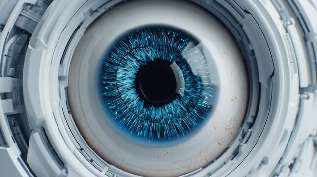 A close up of a blue eye surrounded by white mechanical structures and intricate details visible
