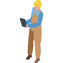 Construction worker in blue shirt and brown overalls holding a black tablet computer with yellow hard hat isolated on white background represents site management and planning