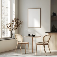 Dining Area, Blank Poster, Minimalist Home Decor, Natural Light, Wooden Table, Rattan Chairs