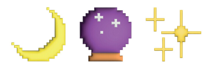 Obraz premium Vector icons of pixel emoji moon, crystal magic ball, and sparkling stars with subtle 3D shading. Soft tones of yellow, purple, and orange create a dreamy retro aesthetic for digital mystical design