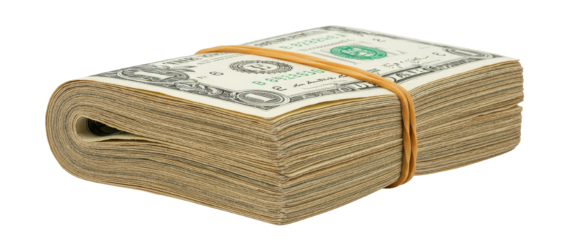 Stack of One Dollar Bills Wrapped with Rubber Band Isolated on a White Background for Financial Concepts