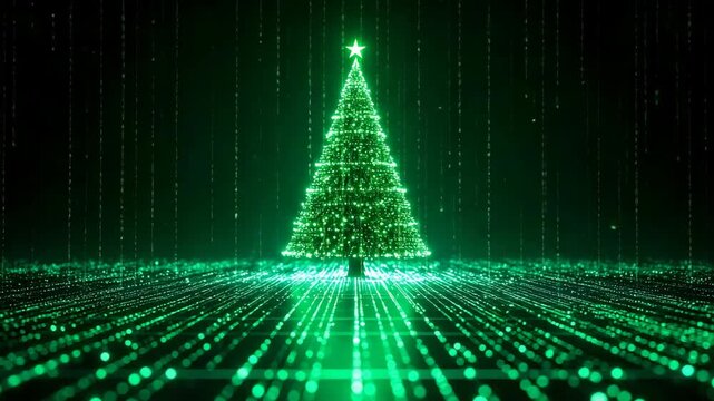 Animated Christmas tree with a glowing star on top and falling digital binary code creating a festive technology backdrop