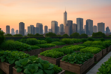 Obraz premium A vibrant rooftop garden with lush greenery overlooks a city skyline at sunset, blending urban living with nature's beauty.
