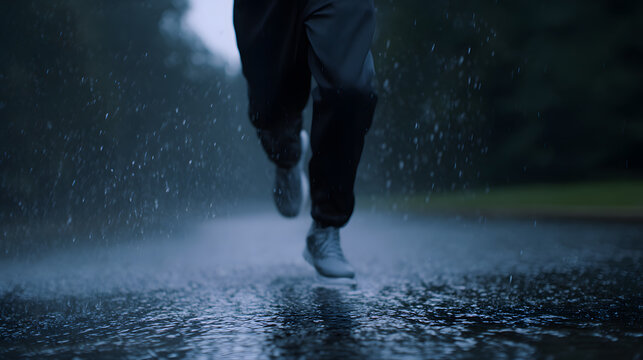 Endurance in the Downpour: A determined individual pushes onward through the rain, their resolute stride a testament to unwavering perseverance and physical strength.