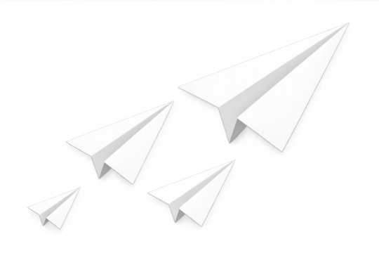 Paper airplanes flying in formation with a leader navigating forward, representing teamwork, ambition, and progress