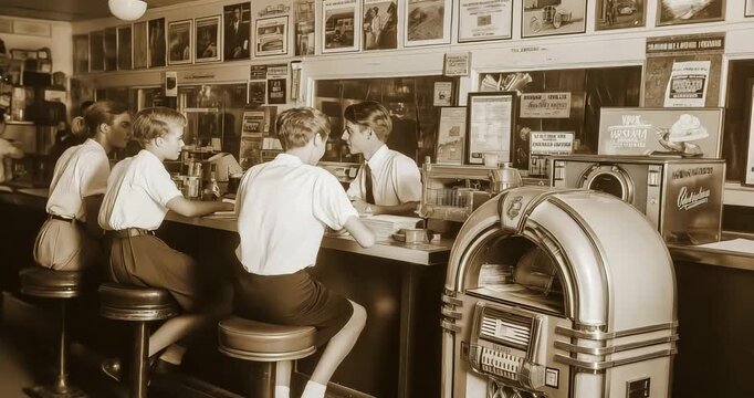 Old-Fashioned Soda Shop Teenagers Counter Jukebox Sepia
