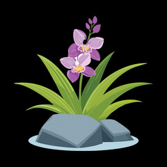 Vibrant Purple Orchids and Green Leaves on Grey Rocks Beautiful Tropical Garden Scene Vector Illustration