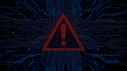 Futuristic Warning Sign Made of Binary Code and Glowing Circuits — Digital Danger Concept