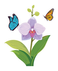 Minimalist Illustration of Graceful Purple Orchid Flower Arrangement with Butterflies Flying