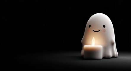 3d render of a cute ghost-shaped candle, isolated on a black background, Generative AI.