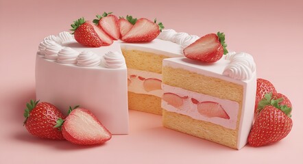 3d render of a strawberry shortcake with a slice cut out, set against a pastel background, Generative AI.
