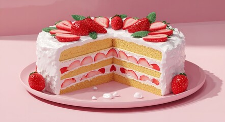 3d render of a strawberry shortcake with a slice cut out, set against a pastel background, Generative AI.
