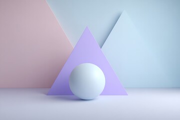 3d rendering of a minimal geometric background with a blue ball on a purple triangle, a minimal concept with copy space, in a pastel color palette, Generative AI.