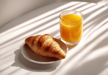 a croissant with coffee and orange juice on a white table, Generative AI.