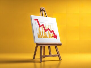 a professional photo of an easel with a canvas and a red arrow pointing down on a yellow background, Generative AI.