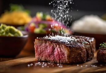 close-up of seared medium rare steak being sprinkled with salt on wooden board, side view, Generative AI.