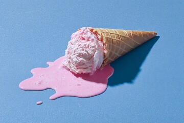 photo of a melting pink ice cream cone on a blue background, in a flat lay composition, Generative AI.